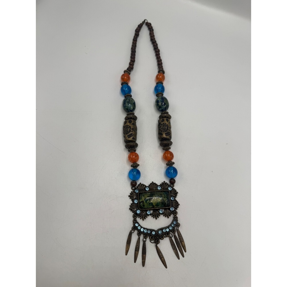 Bohemian Statement Necklace Bronze Tone Blue Orange Glass Beaded Tribal Pendant